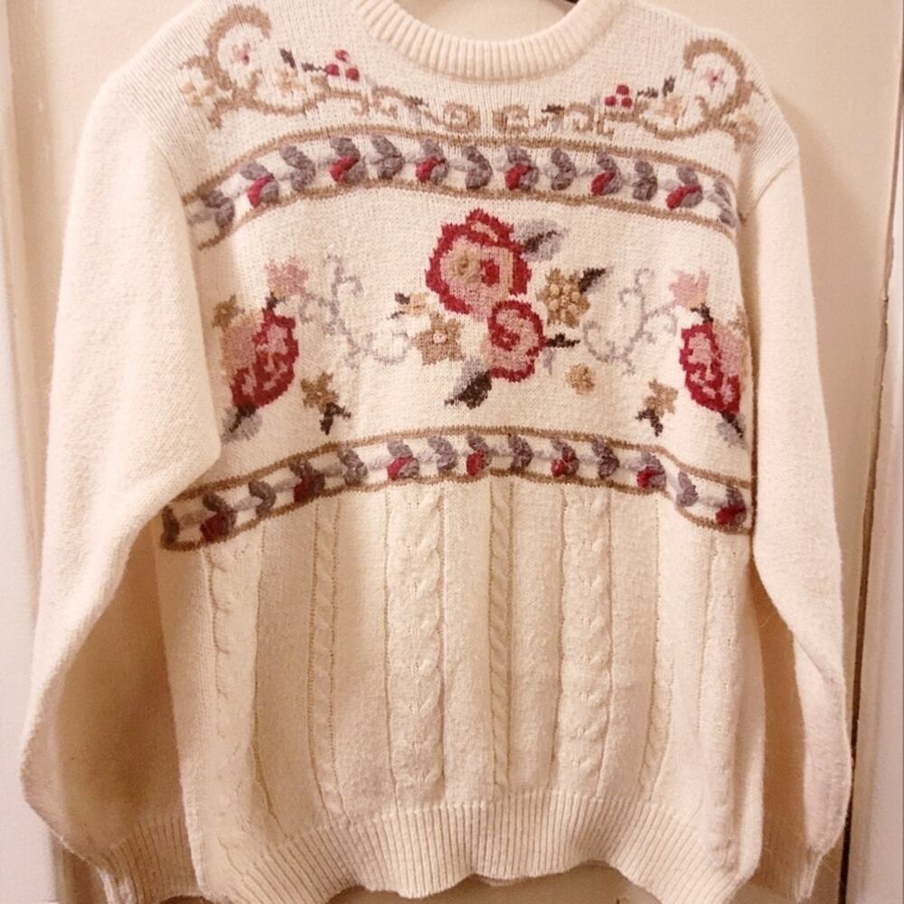 Vintage Womens Floral Knit Embroidered Sweater Coquette GrandmaCore L NWOT
